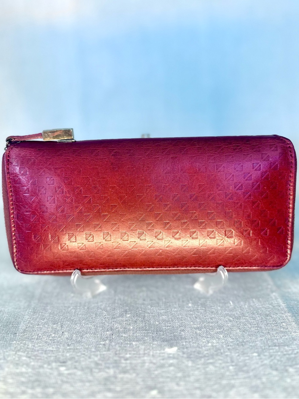 Abas USA Embossed Geometric Leather Zip Around Continental Wallet - Burgundy Red
